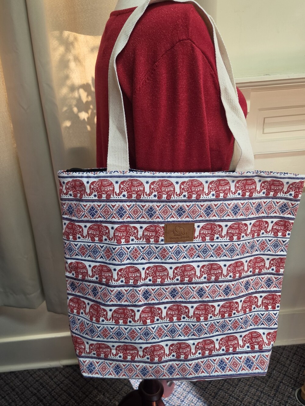 Canvas Elephant Print Tote Bag in Red & Blue - Made In Thailand NWOT